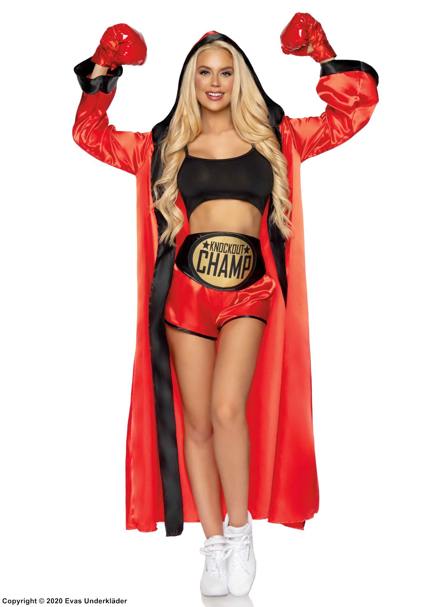 Female boxer, top and shorts costume, satin, hood, belt, cape